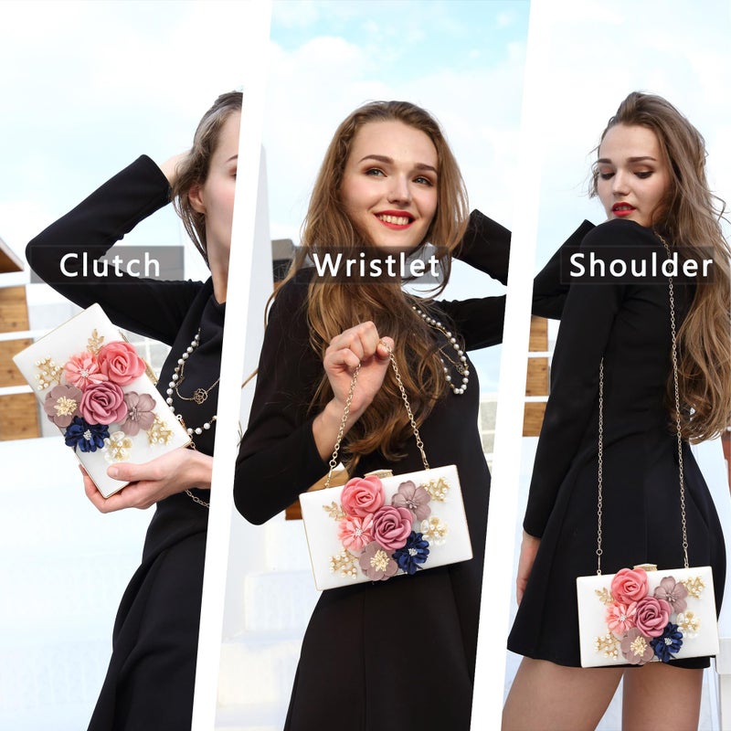 Milisente Evening Bag for Women, Flower Wedding Evening Clutch Purse Bride Floral Clutch Bag(White) - Image 2